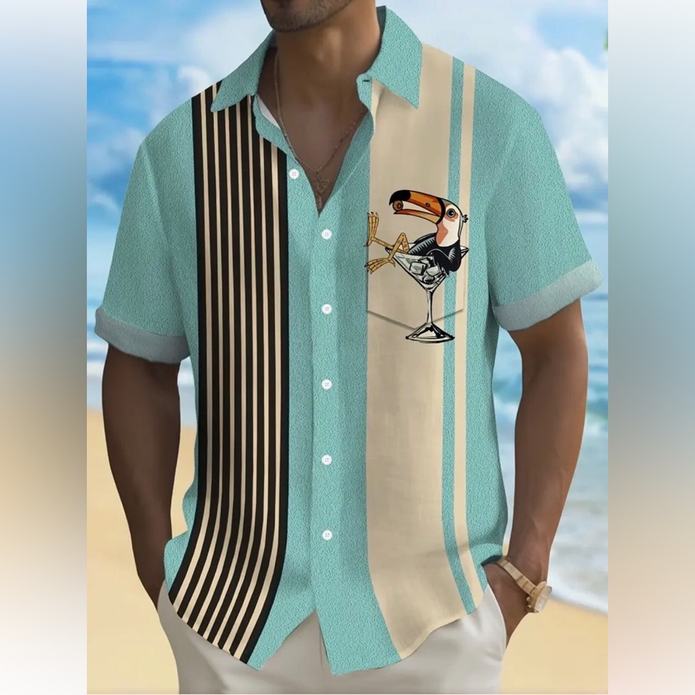 Toucan Striped Print Short Sleeve Shirt w Lapel Collar & Pocket (M)